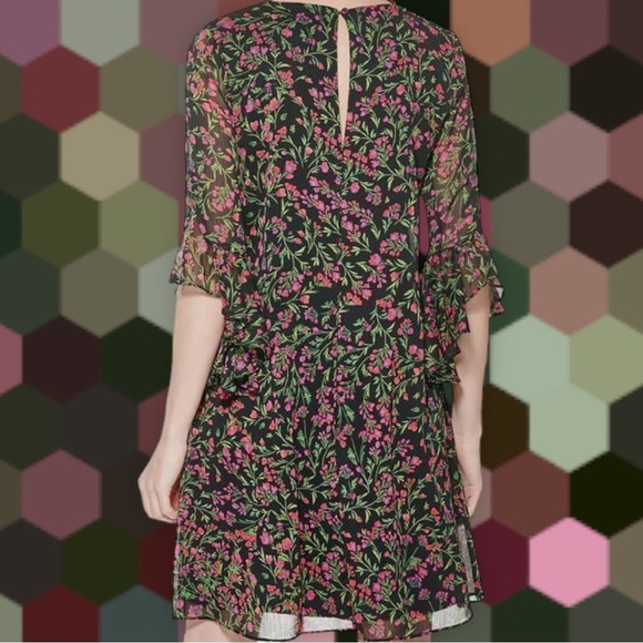 NWOT Calvin Klein Black / Pink Floral Bell Sleeve Chiffon Overlay Shift Dress 4 - Picture 3 of 14